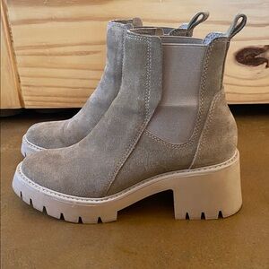 Dolce Vita suede ankle boots in a soft taupe / beige tone.